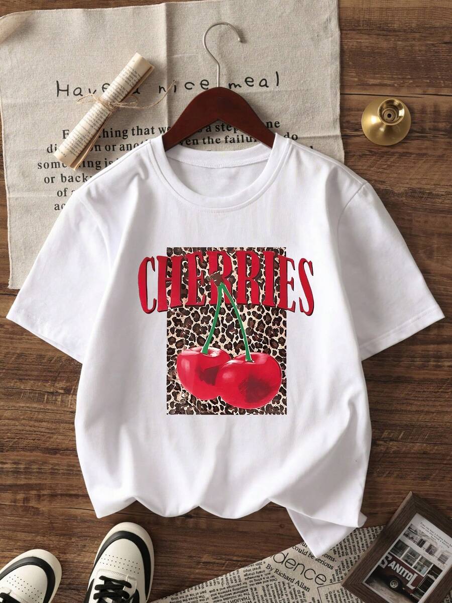 女童休闲豹纹樱桃印花圆领短袖T恤，适合学生夏季穿着，儿童服装 - 白色 - 查看 1