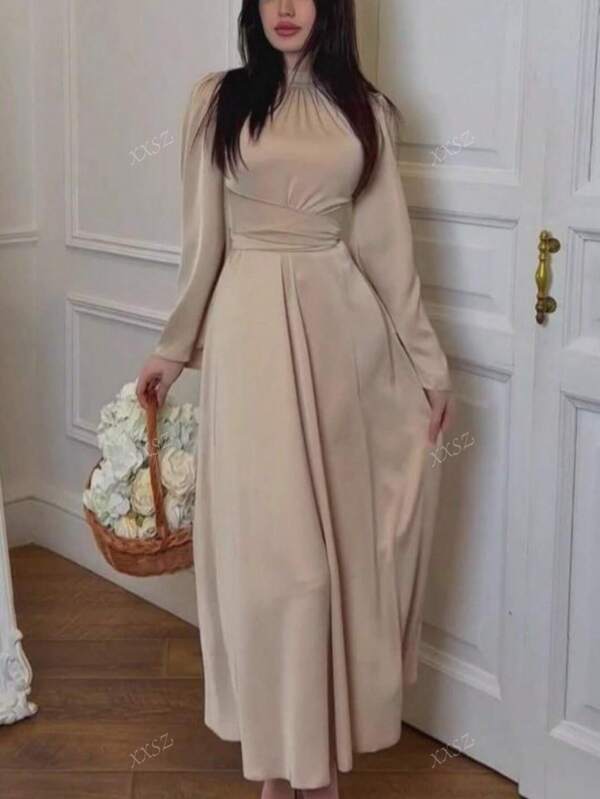 Vestido feminino elegante de cor sólida, gola redonda, manga comprida, cintura simples, estilo árabe turco, abaya, moda muçulmana feminina