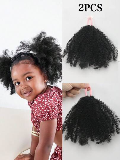 2pcs Luxury Kids Hair Buns Kids Afro Puff Soft Natural Hair Hand Feel Marley Kinky Bulk For Hair Girl With Elastic (Accessories Come In Random Colors)