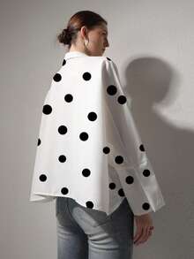 女士法式波点印花白衬衫，复古魅力，长袖商务面试通勤休闲简约优雅衬衫，适合日常穿着、居家穿着、街头风格，是女士冬季、情人节、新年和春季的理想之选。 - 圓點 - 查看 7