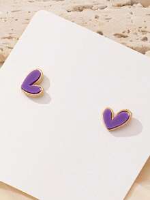 1 par de aretes tipo botón con forma de corazón simple, de moda y versátiles - Morado - Ver 2