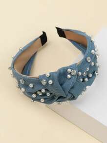 1 buc. Bandă de păr încrustată cu perle pentru femei, stil coreean nou, accesoriu de păr cu nod mijlociu, denim spălat, cerc larg pentru păr