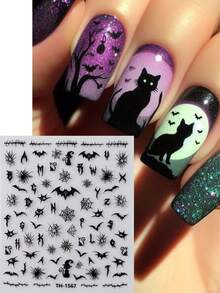 FULL BEAUTY 2 件黑猫蝙蝠蜘蛛网太阳眼万圣节指甲贴纸哥特式设计指甲贴花节日 DIY 指甲用品饰品装饰