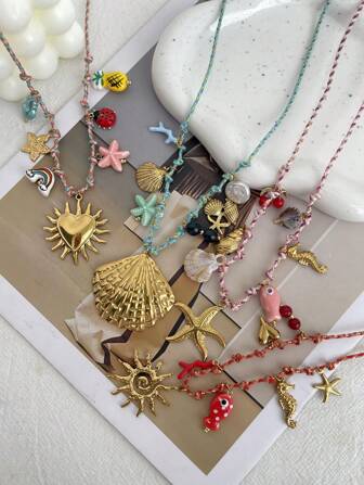 1 件波西米亚海洋风格创意时尚优雅华丽轻奢精致贝壳太阳爱海马昆虫樱桃菠萝编织吊坠项链女士姐妹情侣舞会毕业珠宝礼物适合日常约会派对节日礼物圣诞节度假穿着