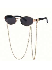 1 Stück Modische geometrische Rahmen Modebrillen für Frauen mit Brillenkette, vintage metallischer Rahmen Outdoor Sonnenbrillen Vintage Schattierungen Strand Sommer Camping Reisezubehör
