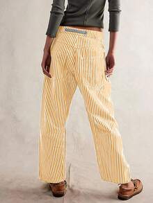 Vaqueros tipo barril anchos para mujer, con estilo Y2K, a rayas, parches, cordon ajustable, cintura alta, pierna recta y ancha, tipo novio, pantalones de mamá de mezclilla con bolsillos - Amarillo - Ver 3