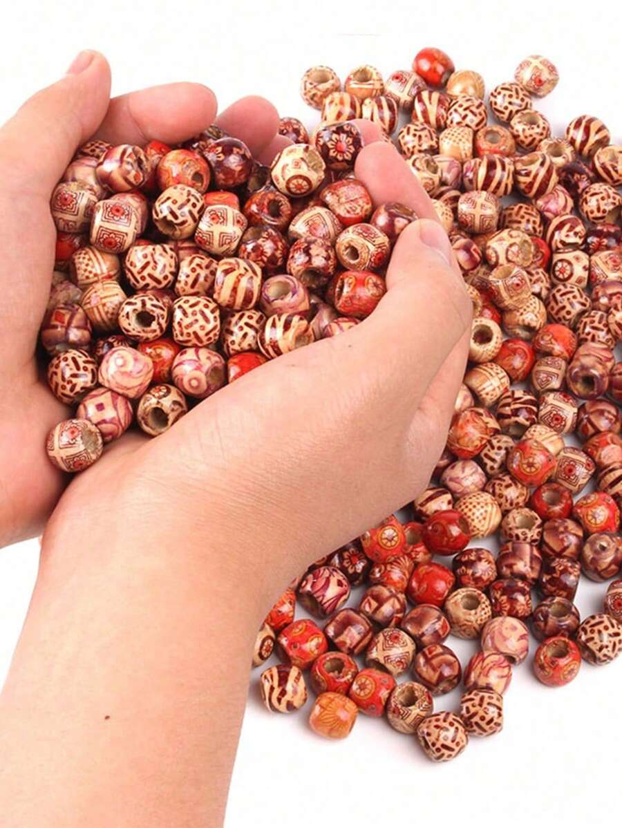 100pcs 11-12mm Patterned Colorful Wooden Hair Beads