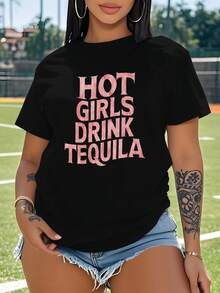 CAMISETA DE MANGA CORTA PARA MUJER DE TALLA GRANDE (sin deporte): "LAS CHICAS CALIENTES BEBEN TEQUILA" - Negro - Ver 1