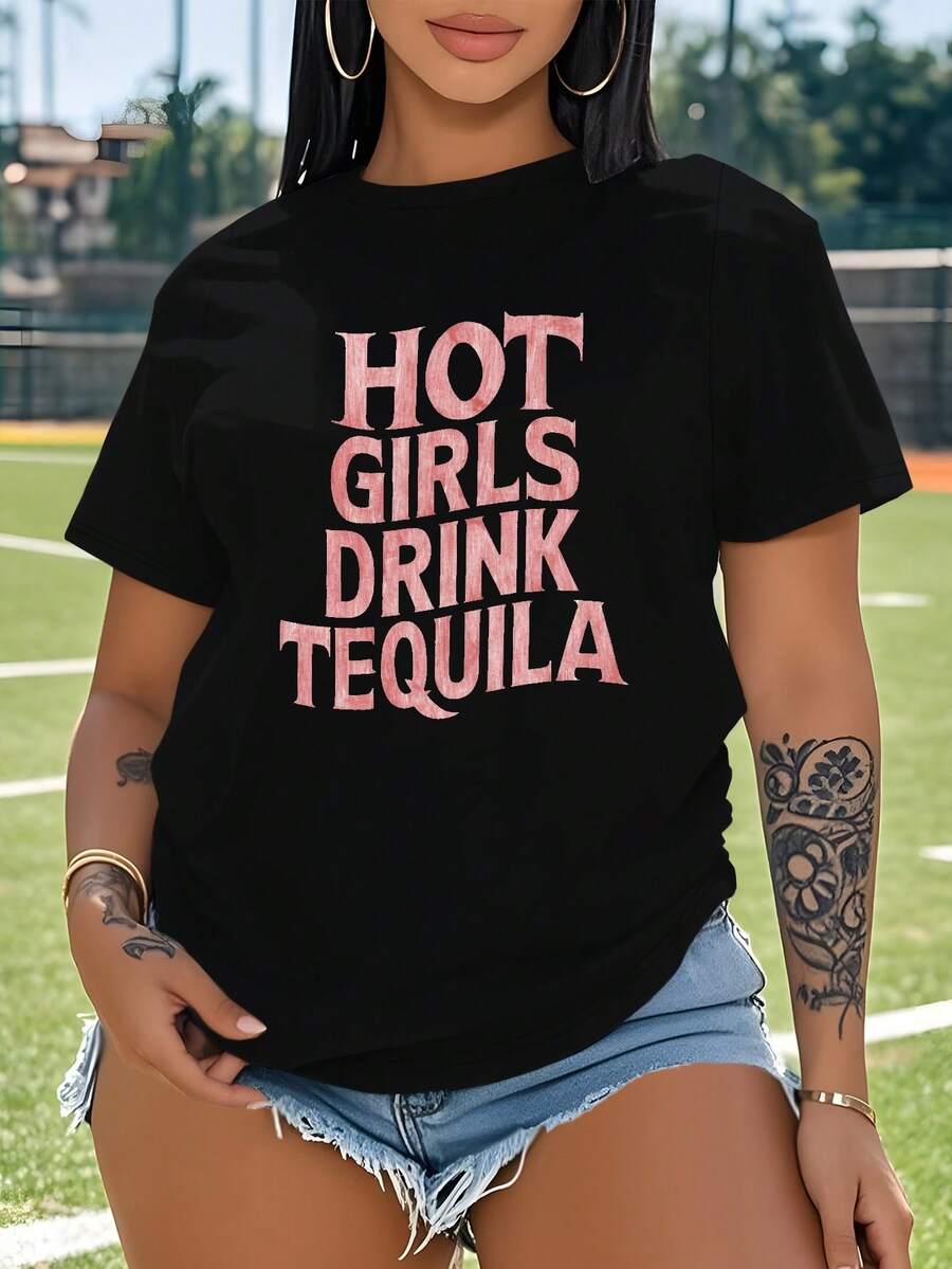 CAMISETA DE MANGA CORTA PARA MUJER DE TALLA GRANDE (sin deporte): "LAS CHICAS CALIENTES BEBEN TEQUILA" - Negro - Ver 1
