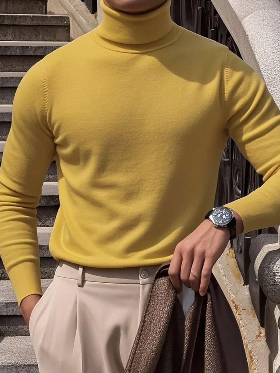 Men's Fashionable Versatile Commuting Solid Color Fitted Long Sleeve Turtleneck Sweater, Autumn/Winter - Yellow - View 1