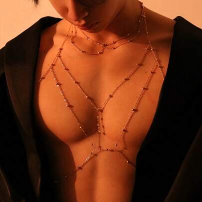 Men's Fashion Layered Necklace & Chest Chain & Waist Chain Set, Sexy Alloy Body Chain With Rhinestone Embellishments, Versatile For Daily Wear & Party Occasions