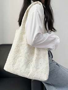 Bolso de tela con detalles de encaje floral, bolso de lona casual de gran capacidad, adecuado para estudiantes universitarios y commuting - Blanco - Ver 4