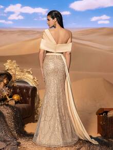 Faeriesty Haute Glamour Luxurious Off-Shoulder Sequin Gown With Asymmetrical Draped & Mermaid Train – Elegant Formal Evening Dress For Red Carpet Galas, Black-Tie Events, Luxury Wedding Receptions, Opera Nights, And Charity Balls