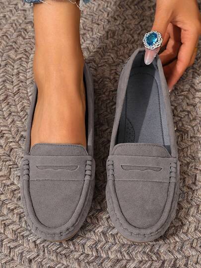 新款女士浅灰色绒面针织平底鞋，优雅仿绒面平底鞋，四季皆宜的舒适纯色套脚乐福鞋，圆头百搭休闲高端轻便户外/工作鞋，女士工作鞋