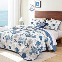 3 Pcs Coastal Bed Quilt Set Queen/King Size - Dark Blue Summer Nautical Beach Theme Quilted Blanket Thin Reversible Microfiber Bedding Lightweight Soft Bedspread Coverlet Sets For All Season, Room Decor (1 Quilt, 2 Pillow Shams)