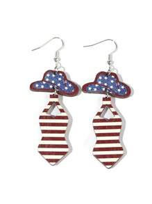 1Pair Wooden Americana Design Joyful Celebration USA Flag Color Star Drop Earrings Suitable For Women And Girls USA Independence Day Accessories Jewelry