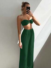 Stylish Three-Piece Bikini Set In A Solid Color, Featuring A Stunning Spaghetti Strap Bikini Top, Tank Top, And Bottoms, Ideal For The Beach And Vacations. - Green - View 2