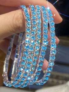 5pcs Sparkling Crystal Rhinestone Elastic Bracelets, Adjustable Party Blingbling Jewelry Gift For Women - Sky Blue - View 3