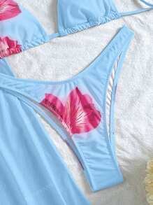 Set da 3 pezzi di costumi da bagno per donna e bambini, con motivo floreale di ibisco giallo, adatti per i giorni estivi da piscina a spiaggia, elegante bikini di base con copricostume sarong decorato a fiori come abbigliamento da spiaggia