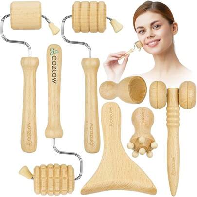 Wood Therapy Facial Massage Tools (7 Piece Set), Gua Wooden Face Massager Kit For Face Lifting, Lymphatic Drainage, Skin Care & Anti-Aging