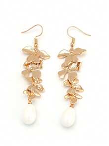 2 件装复古长花瓣夹式耳环，适合女士，优雅珍珠新娘派对耳环，无穿孔 - 金色 - 查看 8