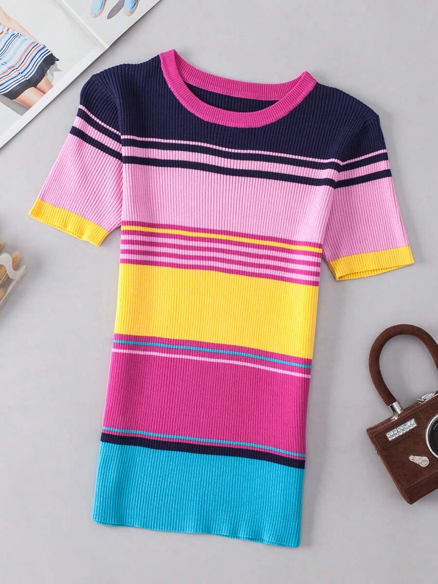 Acelitt 夏季粉色混色条纹罗纹针织圆领上衣 - 彩色 - 查看 1