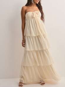 Womens Elegant Strapless Maxi Dress Halter Neck Backless Ruffle Tiered Layer Shirred Long Dress Party Formal Cocktail Dresses - Light Yellow - View 2