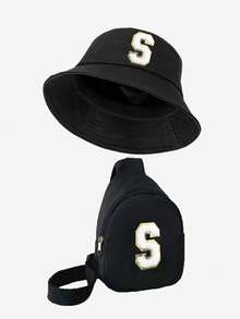 2pcs/Set Kids Letter Print Bucket Hat And Shoulder Crossbody Bag, Stylish And Minimalist, Suitable For Boys And Girls Outdoor Wear, Spring/Summer - Black - View 6