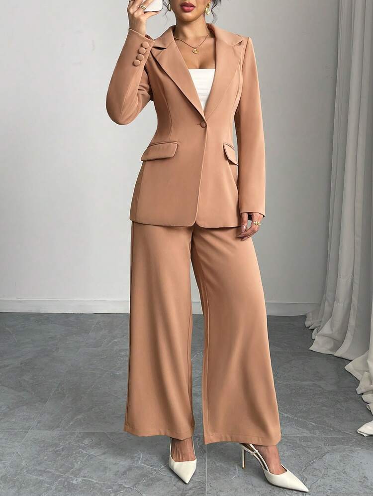 Completo elegante di blazer e pantaloni tinta unita per donna - Cachi - Visualizzare 6