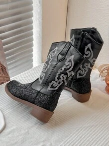 1 Pair Of Children's Flame Pattern, Glitter Trim, Faux Leather, Mid-Top Zipper, Low Heel, Western Cowboy Style, Boots, Everyday/Party Wear Children's Boots