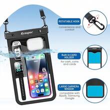 Bolsa impermeable para teléfono de hasta 10 - Paquete de 2 fundas impermeables para 17 16 15 14 Pro S25 S24 Ultra, protector de agua IPX8 para celular, esenciales de playa, imprescindibles de viaje - [Negro + Azul] Funda grande impermeable para teléfono - Ver 10
