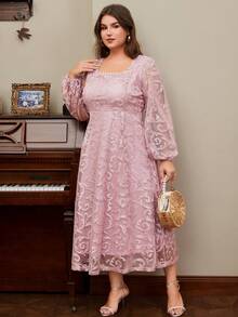 DEARCASE Plus Size Elegant Solid Color Lace Long Dress - Pink - View 5