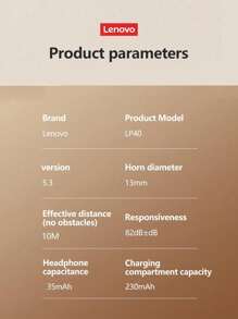 Lenovo 1pc LP40 Black Bluetooth Earphone, Half In-Ear, Sports, Deep Bass, High-Definition Calling With Microphone, Low Latency, Music/Gaming, Smart Touch, Super Long Standby, Passive Noise Canceling, Compact, Portable, Wireless Headphones