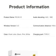 Picun Écouteurs à arceau ouvert Picun H1, écouteurs intra-auriculaires à charge sans fil, réduction du bruit pour les appels, graves puissants, autonomie plus longue, audio surround, contrôle tactile intelligent, confort d'ajustement, pour le sport, la course, le cyclisme, la marche