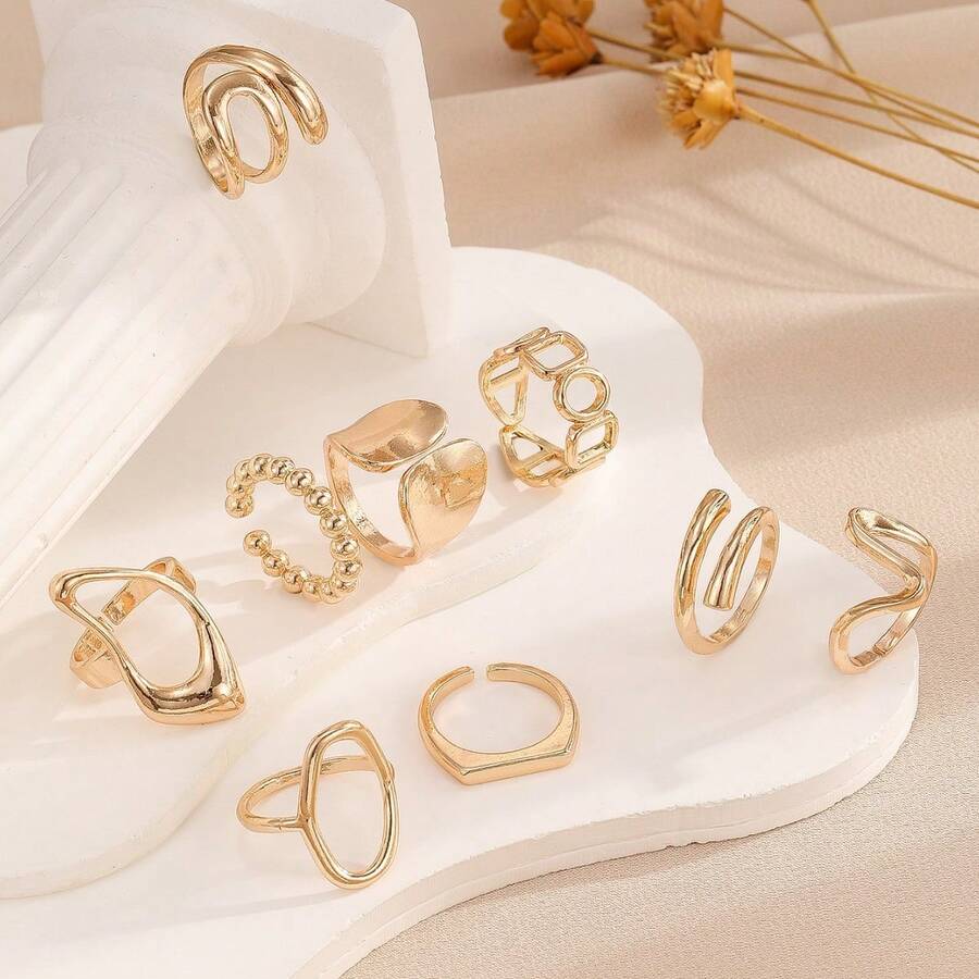9pcs/Set Gold Minimalist Personalized Rings Set, Suitable For Daily Wear, Party, Gift, Jewelry