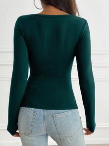 NOIRLYN Women's Y2K Autumn Casual Sexy Solid Color Lace Contrast Slim Fit Long Sleeve V-Neck Top, Suitable For Daily Commuting Wear, Black - Green - View 2