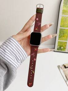 1件女款粉色蝴蝶結與櫻花刺繡PU皮革手錶錶帶，適用於Apple Watch 38/40/41/42/44/45/49/(S10 42)/(S10 46)mm，兼容S10/Ultra/SE/9/8/7/6/5/4/3/2/1機型，時尚可愛，INS風格，智慧手錶錶帶，母親節/日常/派對禮物 - 煙紫色 - 查看 2