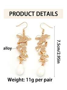 2 件装复古长花瓣夹式耳环，适合女士，优雅珍珠新娘派对耳环，无穿孔 - 金色 - 查看 5