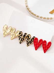 1 对/3 对合金豹纹心形皱纹设计耳环，适合女士，爱情派对可爱心形耳环，情人节，妈妈，母亲节，礼物 - 金黃色 - 查看 1