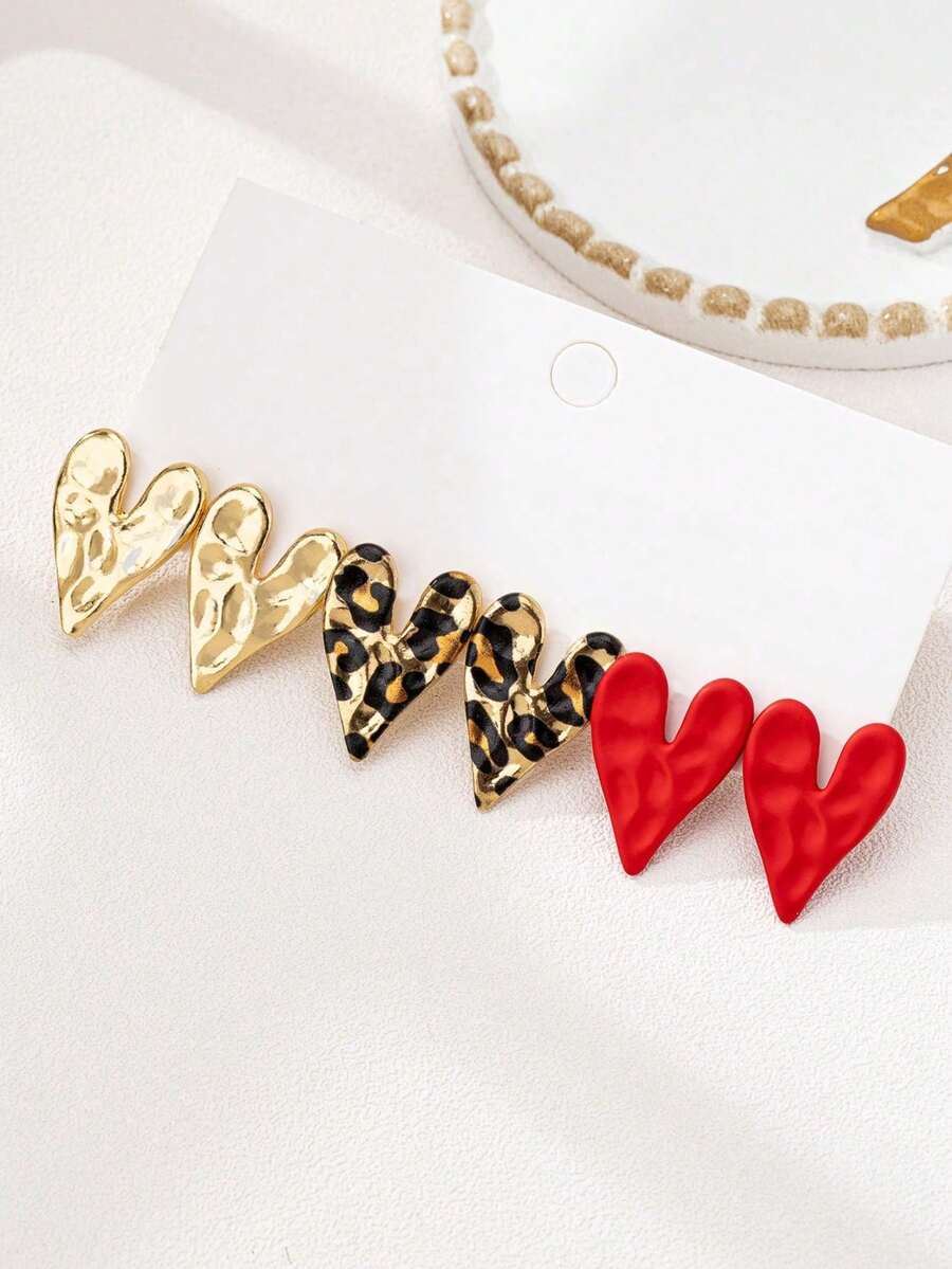 1 对/3 对合金豹纹心形皱纹设计耳环，适合女士，爱情派对可爱心形耳环，情人节，妈妈，母亲节，礼物 - 金黃色 - 查看 1