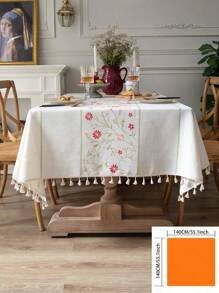 1pc Pink Floral With Green Leaf Embroidered Tablecloth, French Luxury Minimalist Style, Home Kitchen Decor, Suitable For Holiday Gatherings, Birthday Parties, Dining Table Decor, Home Decoration, All Seasons