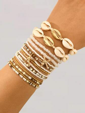 17KM 14 pièces Bracelet style bohème avec coquillages et perles de faux-perles, cadeau pour femmes, convient pour les vacances, les sorties, le style décontracté, l'assortiment pour les fêtes