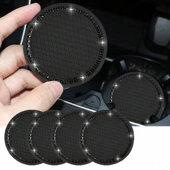 2 件/4 件汽车杯垫，闪亮杯架插入杯垫，通用汽车防滑杯架嵌入饰品硅胶杯垫，汽车内饰配件垫，8 厘米/3.1 英寸软水晶水钻橡胶垫套装圆形汽车饮料杯垫汽车内饰配件