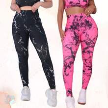 Kit 2 Calça Feminina Leg Marmorizada Tie Dye Fitness Esportiva Cintura Alta Ajusta ao Corpo Perfeito - Preto / Pink - Visão 1