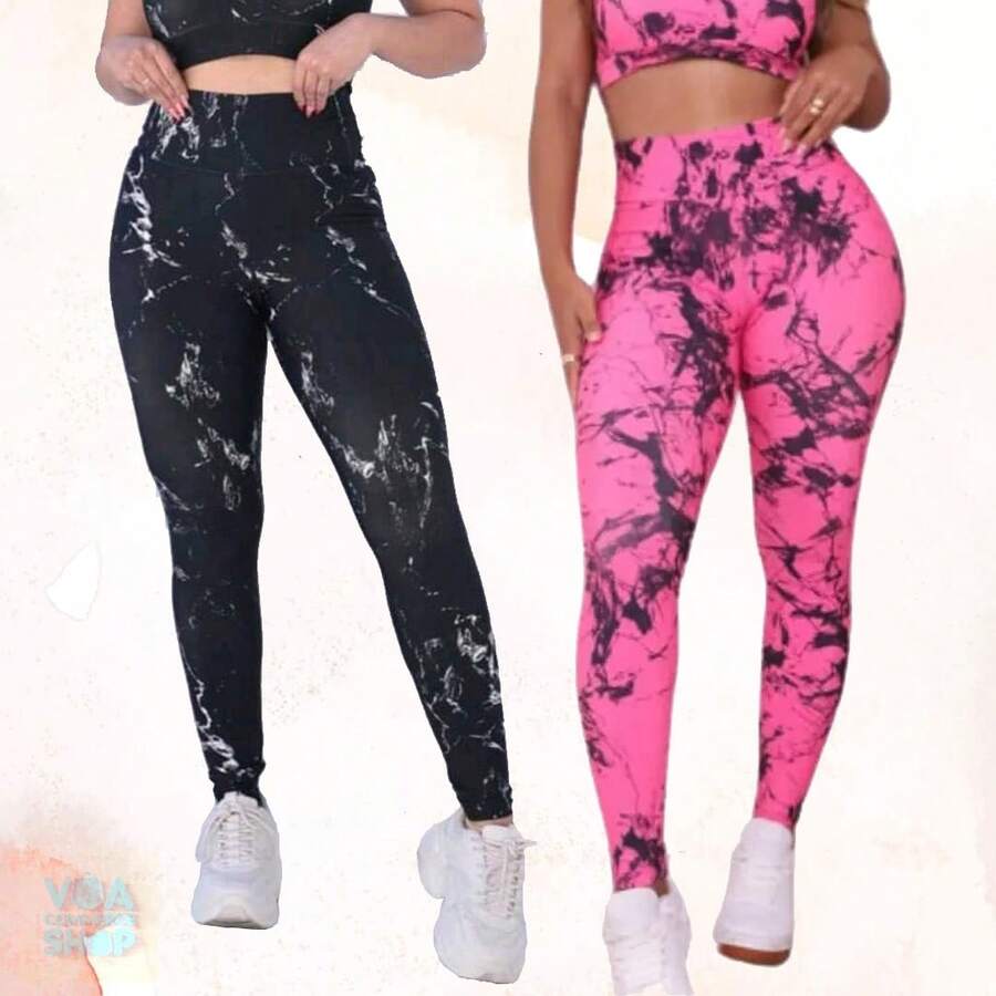 Kit 2 Calça Feminina Leg Marmorizada Tie Dye Fitness Esportiva Cintura Alta Ajusta ao Corpo Perfeito - Preto / Pink - Visão 1