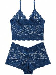 Floral Lace Lingerie Set High Waist Sleepwear Bra And Panty 2 Piece Nightwear 2025 Back-To-School Season Fall Pjs - 深藍色 - 查看 4
