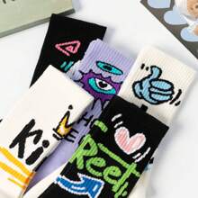 5 Pairs Unisex Cartoon Graffiti Colorful Socks, Original Design, Fashion Patterns Suitable For Various Styles, Great For Gifts To Family And Friends