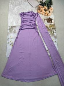 Vestido elegante de un solo hombro y espalda descubierta, largo y de un solo color, para mujeres: corte slim con diseño sencillo y lazos flotantes, ideal para fiestas, banquetes y citas - Morado - Ver 2