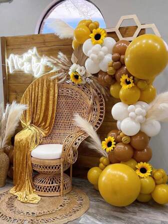 132pcs Yellow Brown Balloon Garland Arch Kit Bee Theme Kids Birthday Party Decorations Baby Shower Boy Girl Balloons Christening Baptism Event Decor Wedding