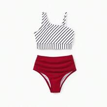 Trajes de baño a juego para la familia, bikini de un hombro a rayas rojas o bañador de bloques de color a juego, ropa de playa a juego para verano, crucero, vacaciones - Rojo - Ver 6